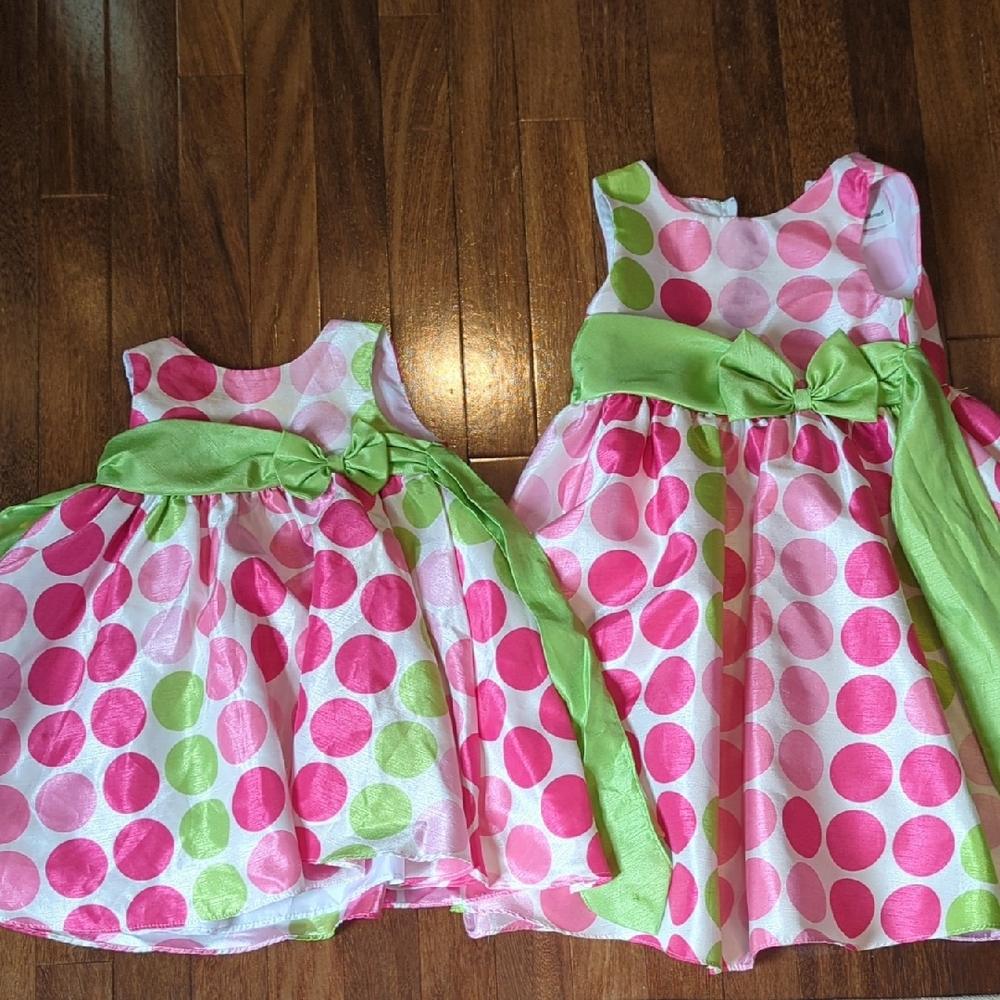 Sister Matching Pink and Green Polka Dot Dresses For Easter Or Wedding
